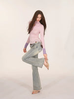 Contrast Cuff Button Neck Sweater