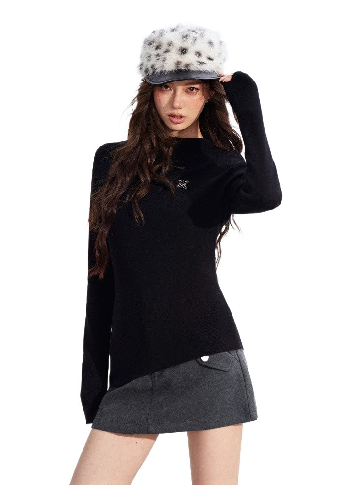 Irregular High-Neck Stretch Knit Top