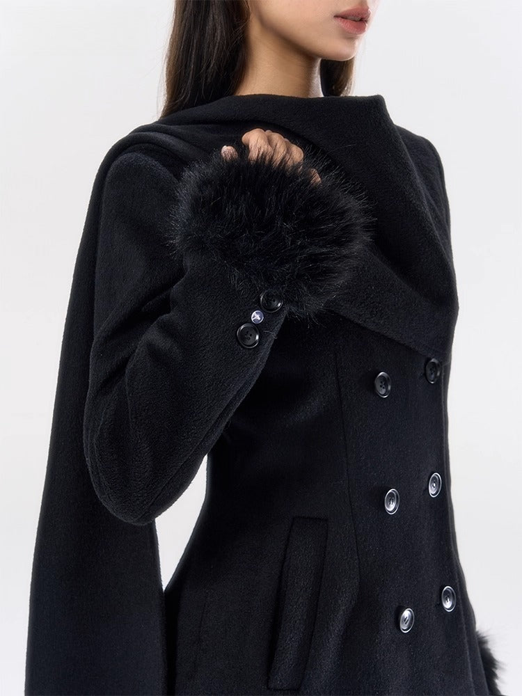 Wool-Blend Scarf-Collar Midlength Waist-Defined Coat