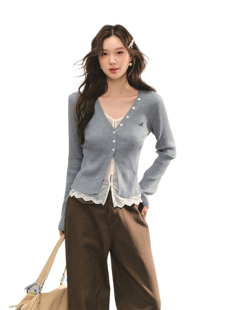 Lace Tie Fake Two-Piece Knitted Cardigan