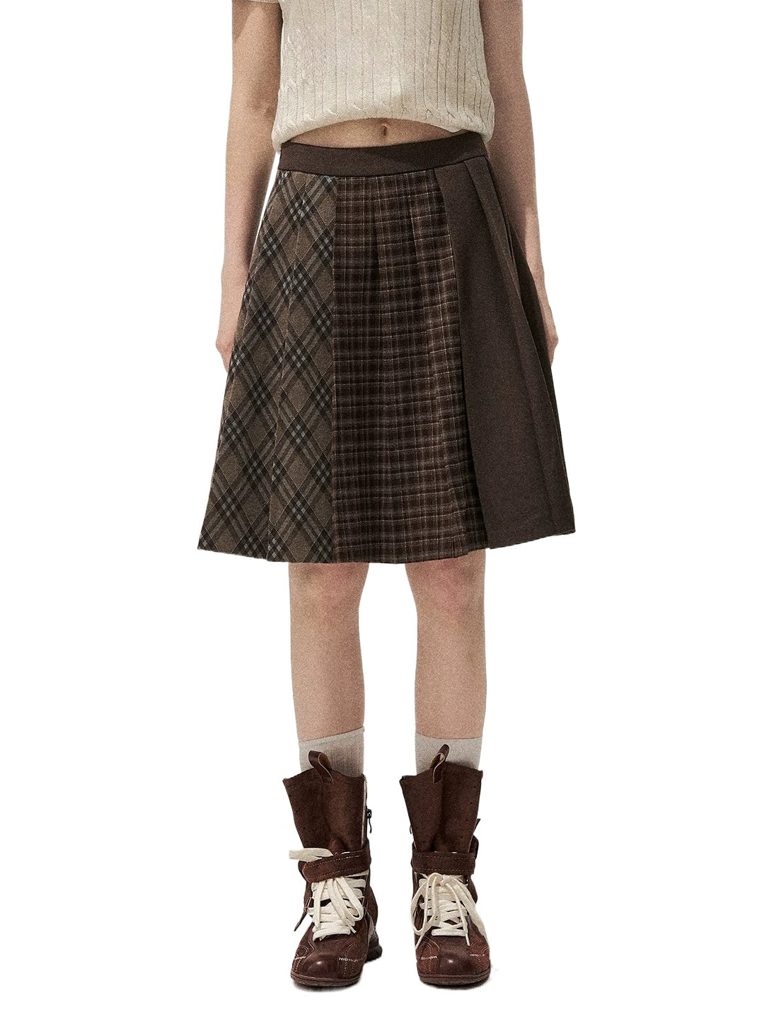 Brown Plaid Pleated Skirt