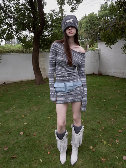 Fair Isle Off-Shoulder Jacquard Knit Dress