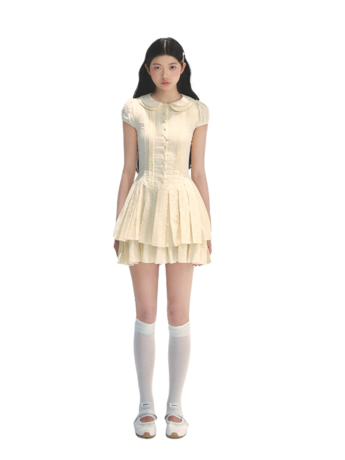 Doll Collar Waist-Cinched Pleated Shirt Dress