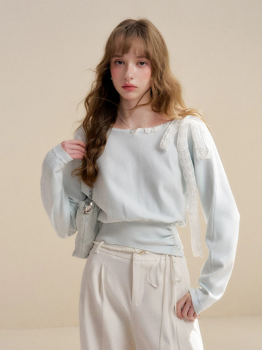 Mint Green Lace Tie Knit Pullover