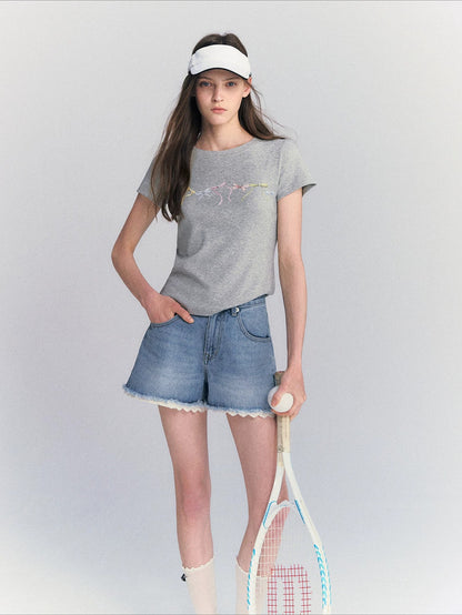 Lace Trim Denim Shorts