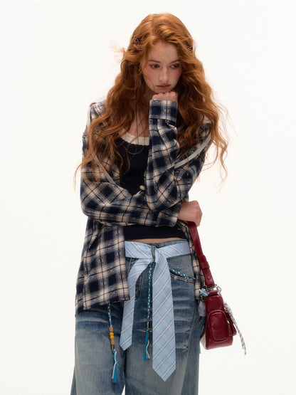 Vintage Plaid Studded Hooded Shirt