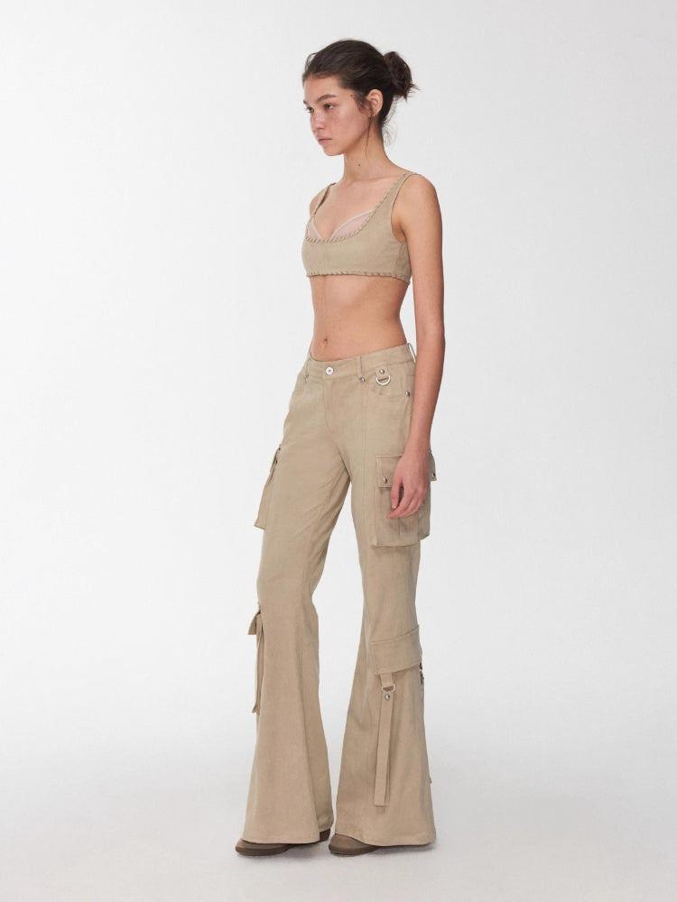 Suede Studded Cargo Flare Pants