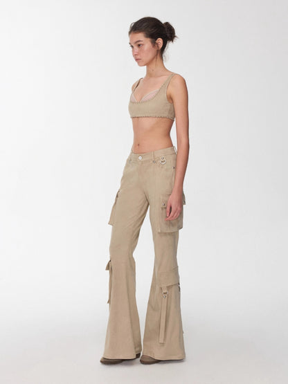 Suede Studded Cargo Flare Pants