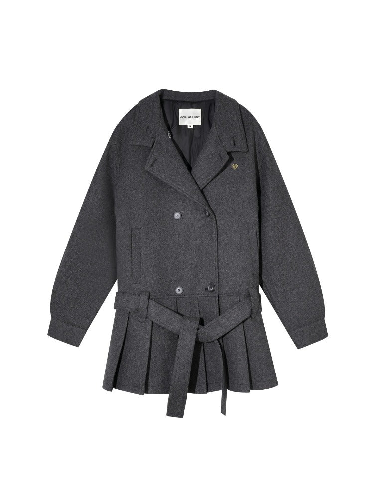 Double-Breasted Pleated Hem Wool Down Coat