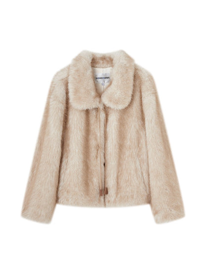 Beige Tie Collar Fleece Coat