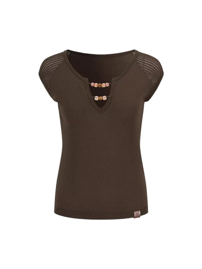 Beaded V-Neck Knit Top