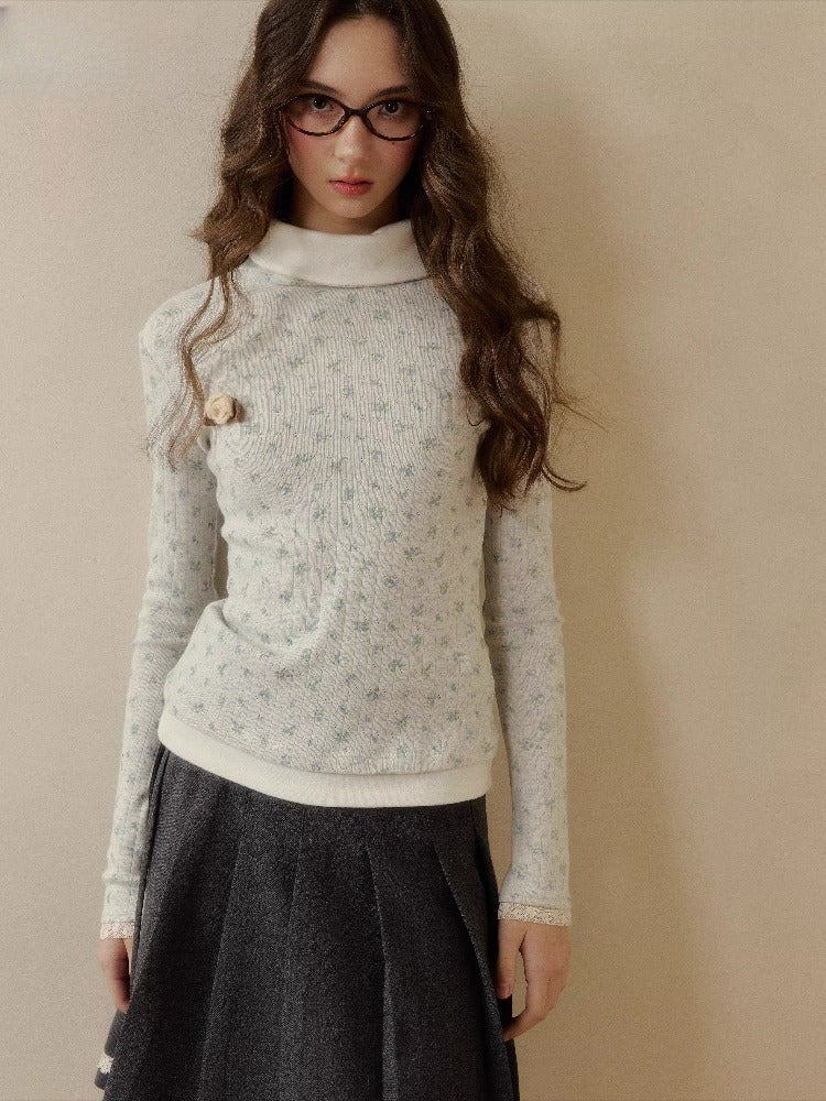 Floral Collar Knit Long Sleeve Top