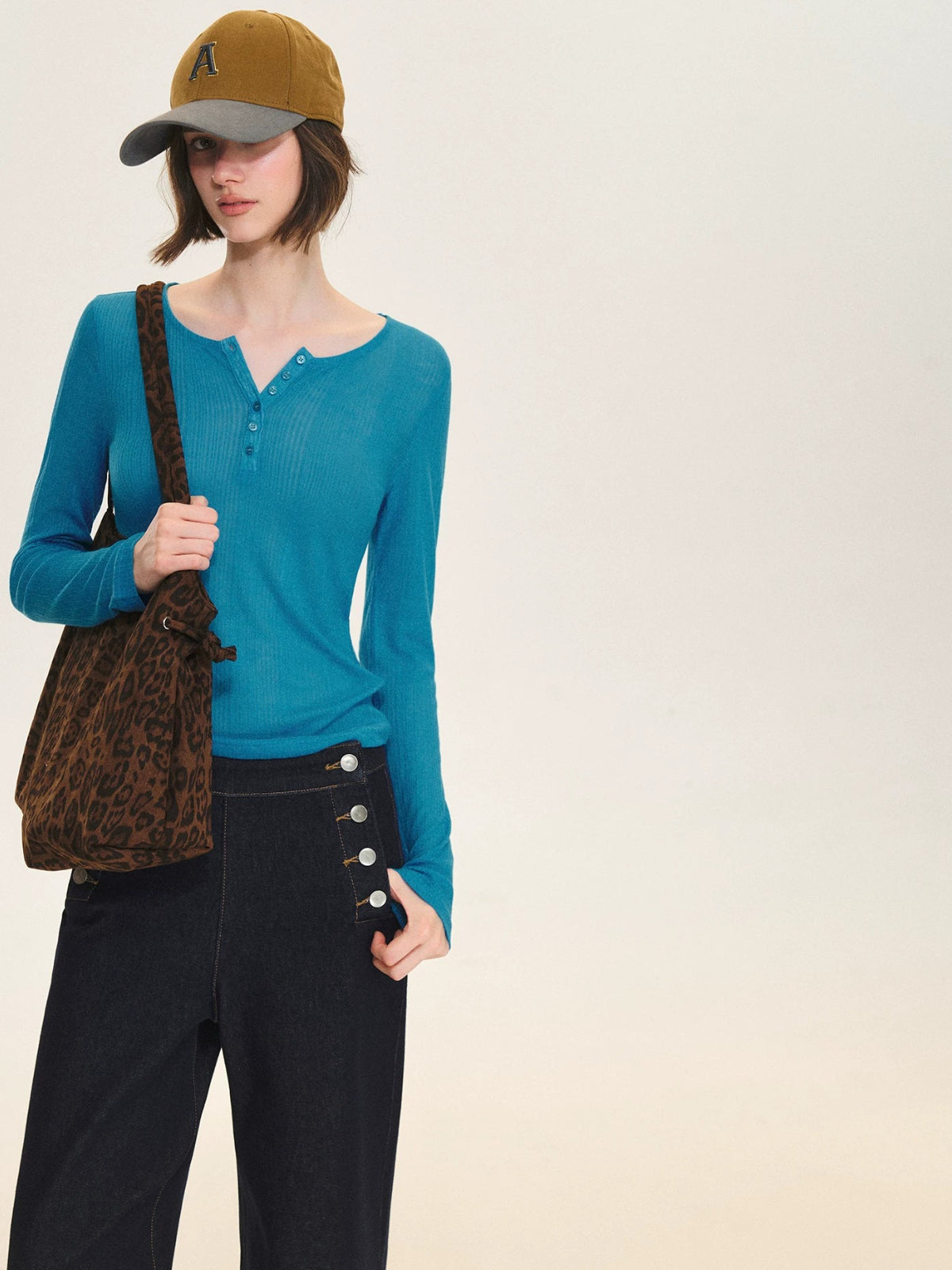 Ribbed Henley Long Sleeve Top