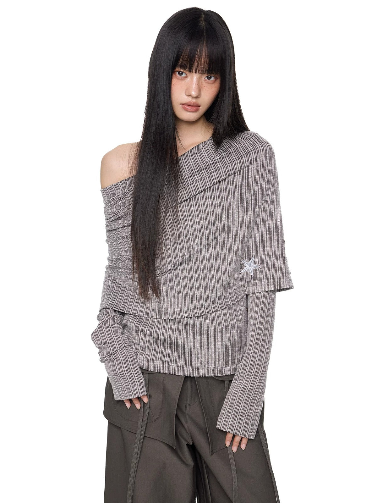 Asymmetric Striped Knit Shoulder Top