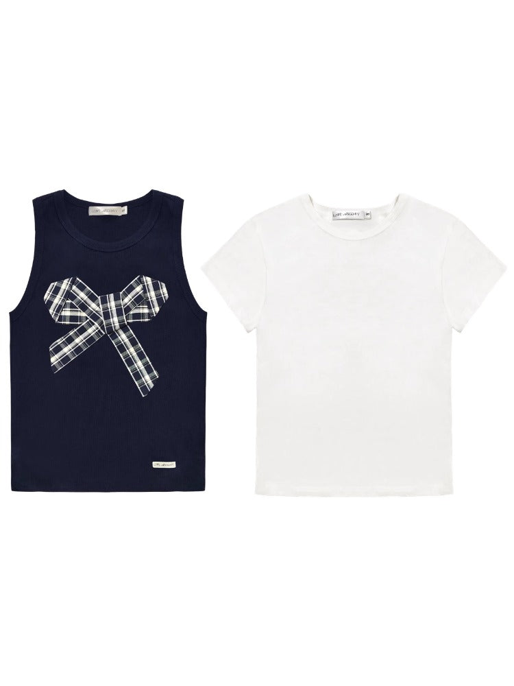 Checkered Bow Contrast Color Short-Sleeve Set
