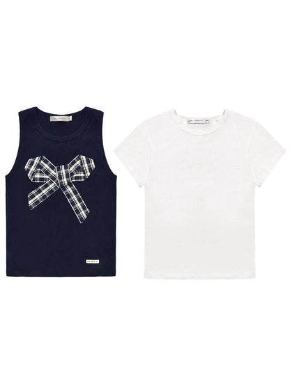 Checkered Bow Contrast Color Short-Sleeve Set