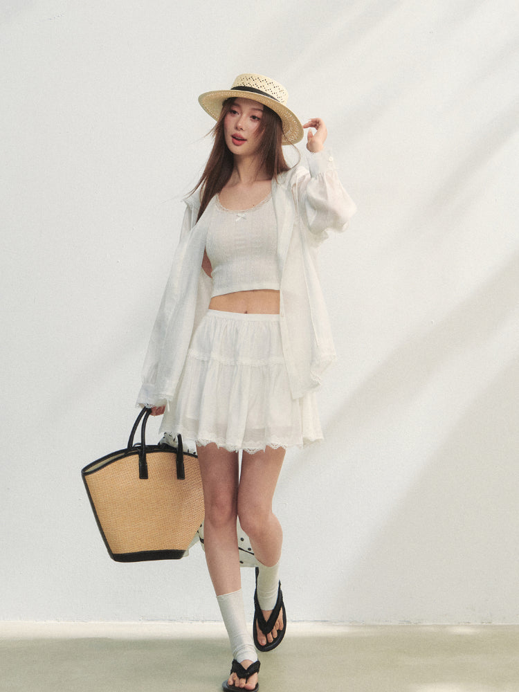 White Lace Panel Hooded Coat &amp; Skirt Set