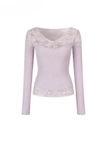 Lace-Trim V-Neck Long-Sleeve Knit Top