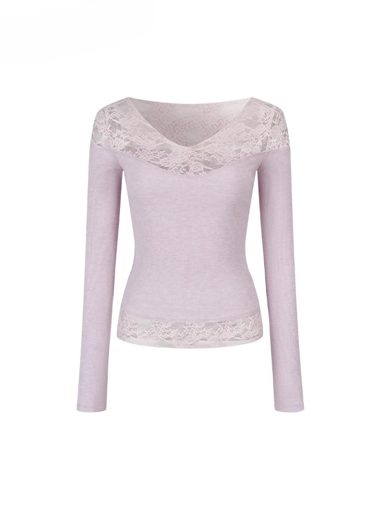 Lace-Trim V-Neck Long-Sleeve Knit Top