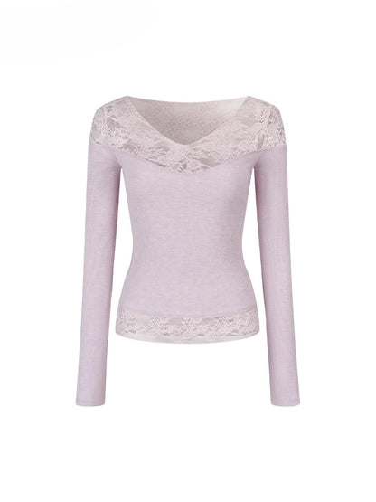 Lace-Trim V-Neck Long-Sleeve Knit Top