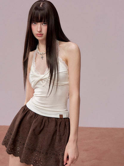 Embroidered Faux Suede A-Line Skirt