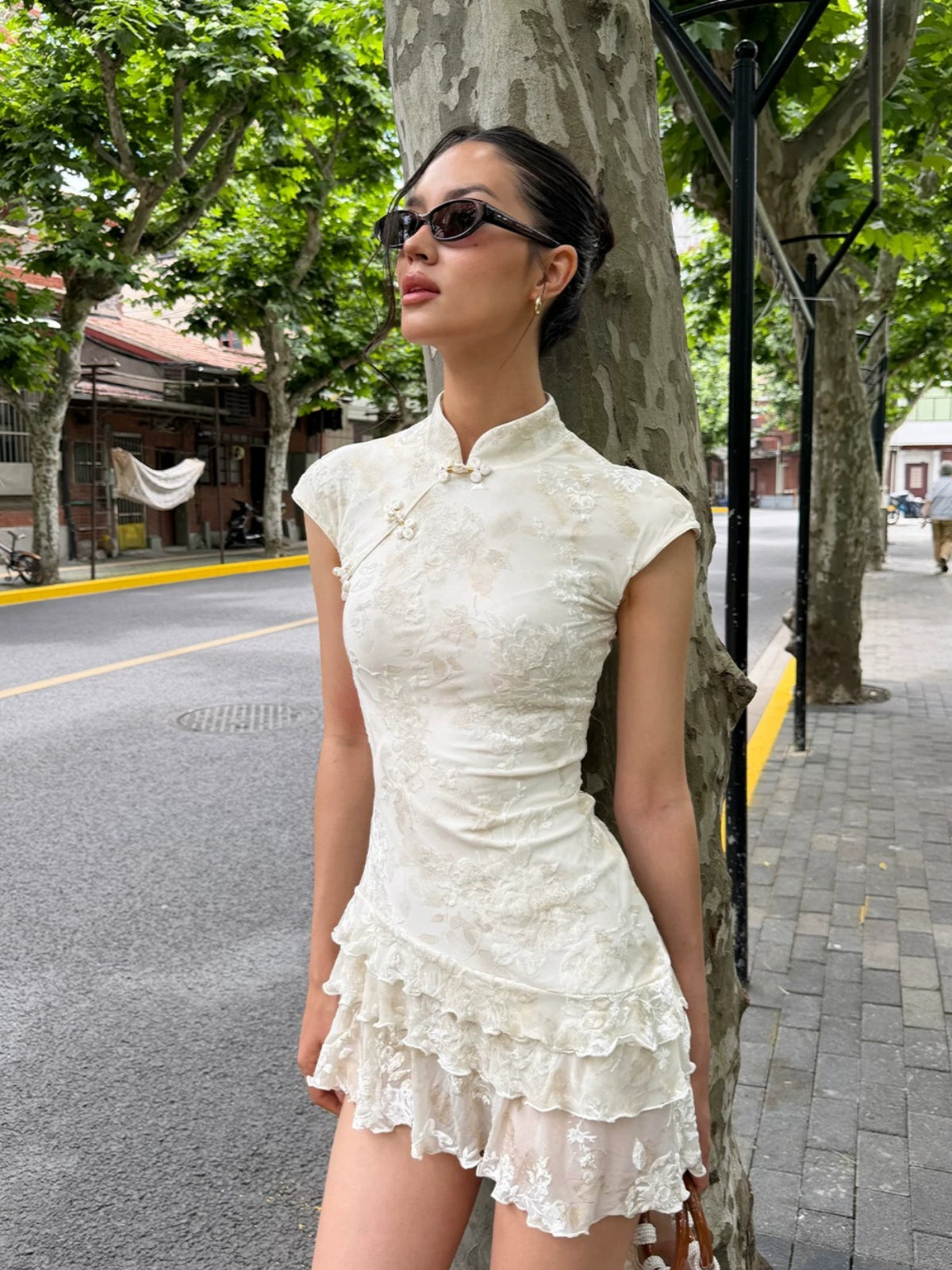 Ivory Floral Ruched Qipao Mini Dress