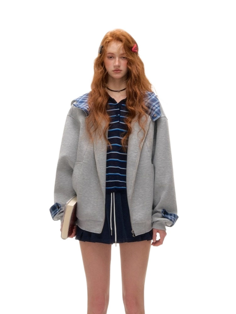 Plaid Patchwork Hoodie Cardigan