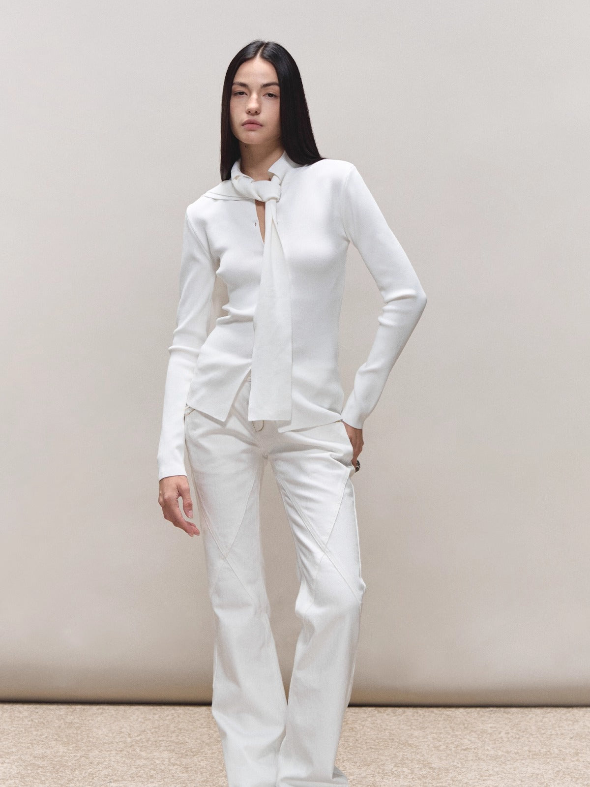 Vintage-Wash Seam-Panel White Jeans