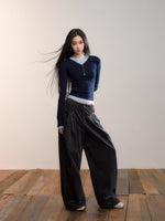 Dark Gray Pleated Corduroy Retro Casual Trousers