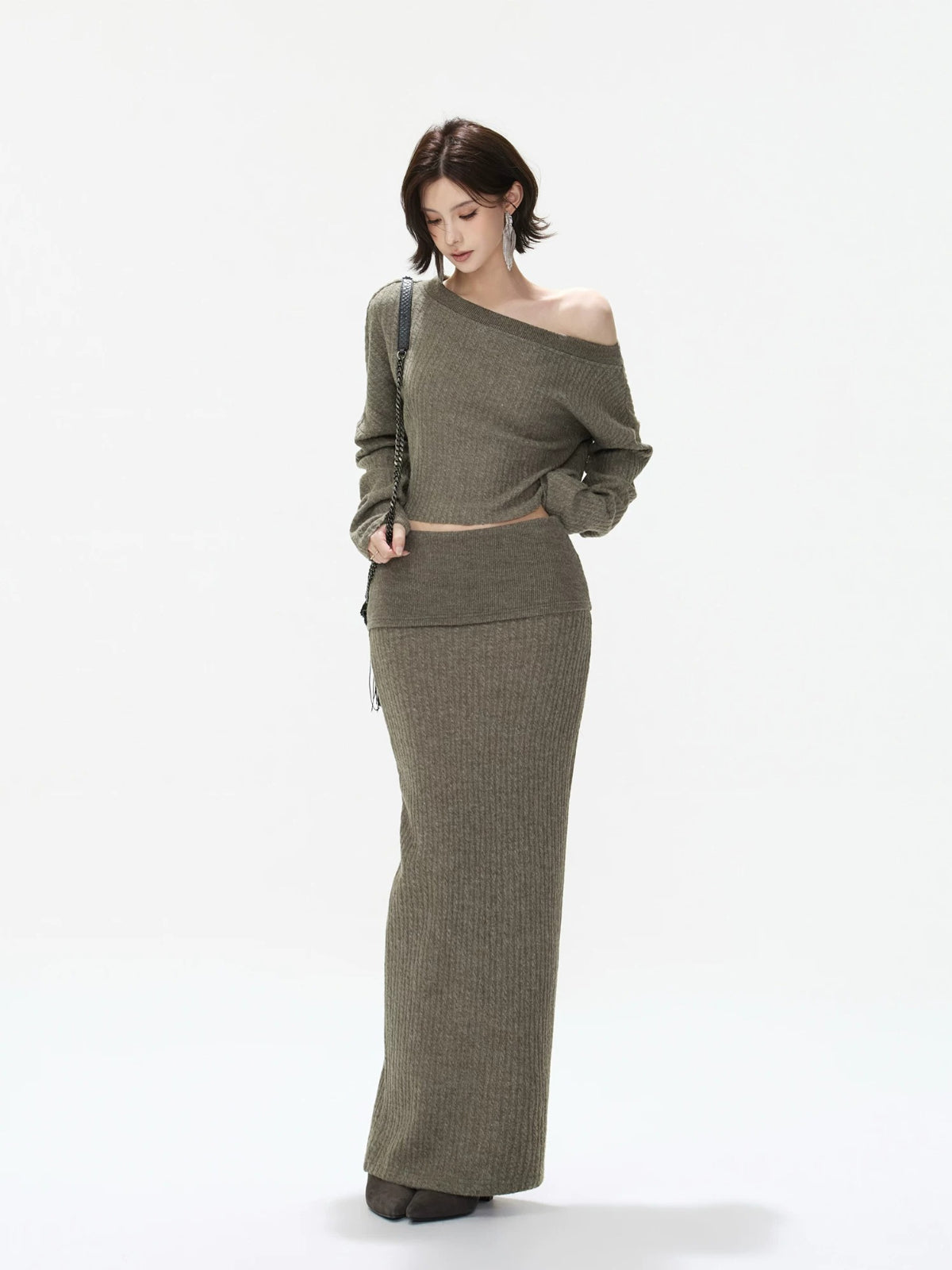 Asymmetric Ribbed Knit &amp; Maxi Skirt Set