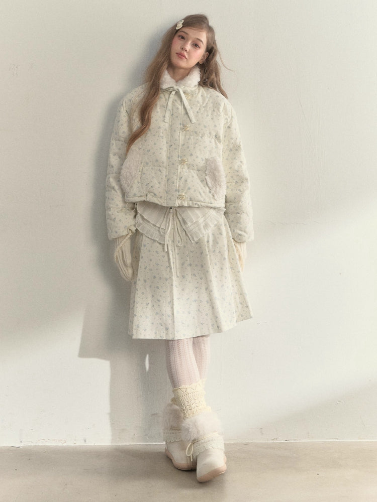 Floral Corduroy Down Jacket &amp; Pleated Skirt
