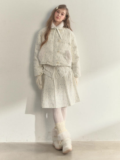 Floral Corduroy Down Jacket &amp; Pleated Skirt