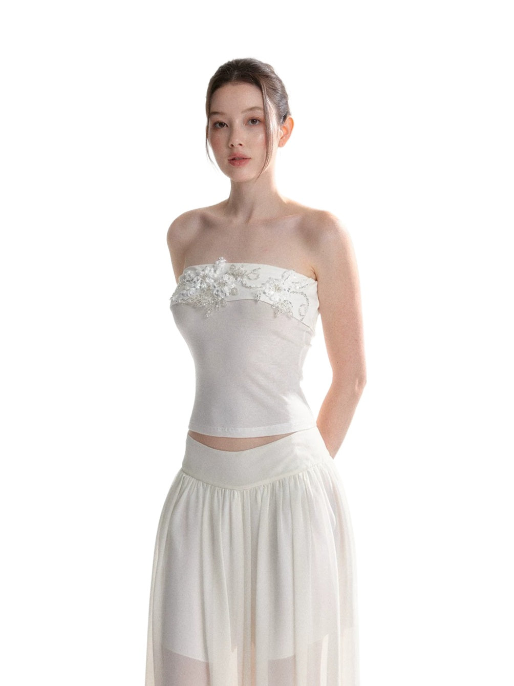 Floral Appliqué Bustier &amp; Mesh Pants Set
