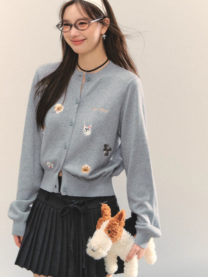Gray &amp; Apricot Puppy-Embroidered Knit Cardigan