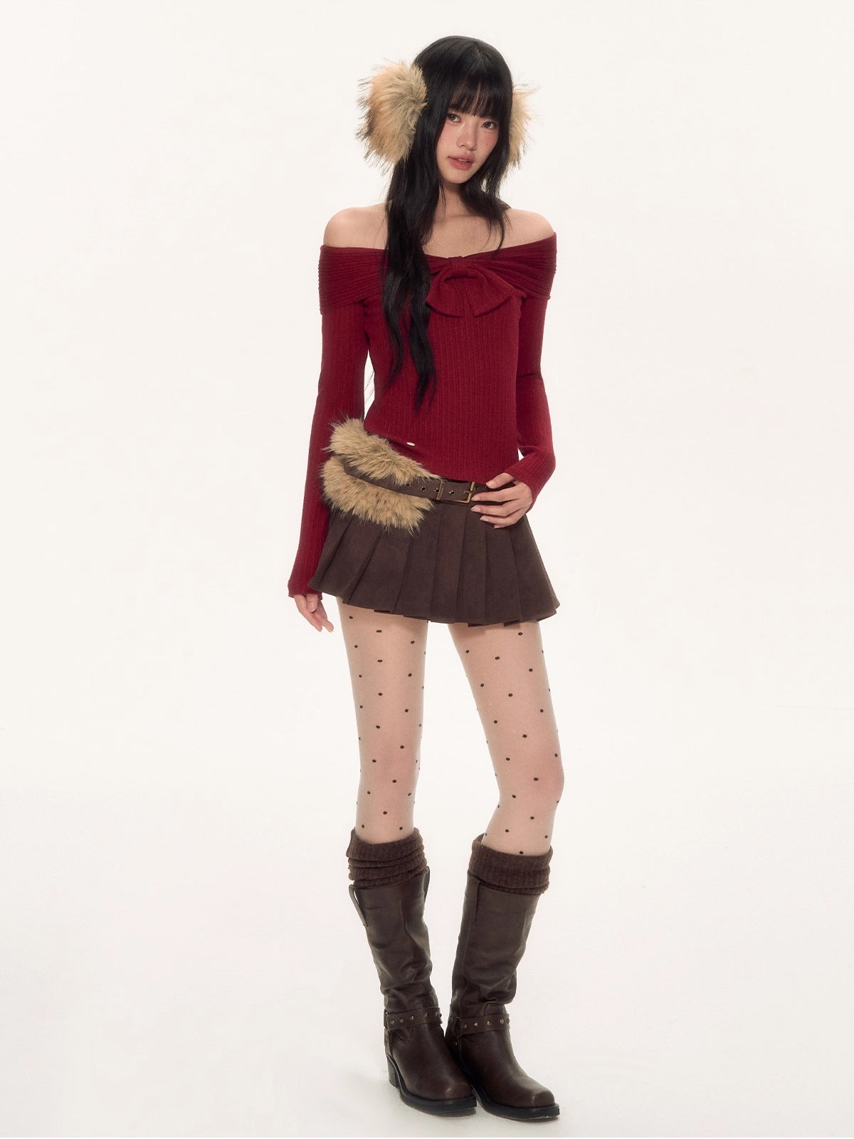 Red Off-Shoulder Bow Knit Top