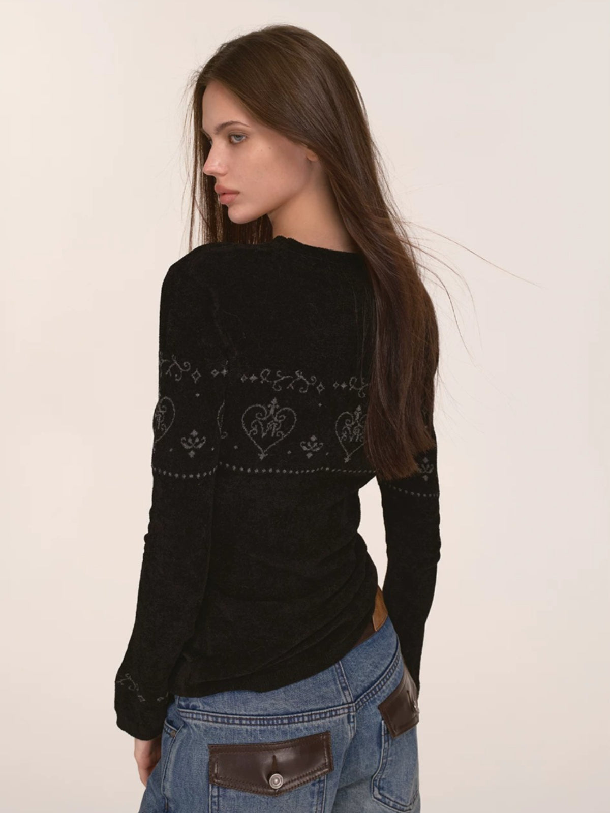 Heart Pattern Velvet Knit Sweater