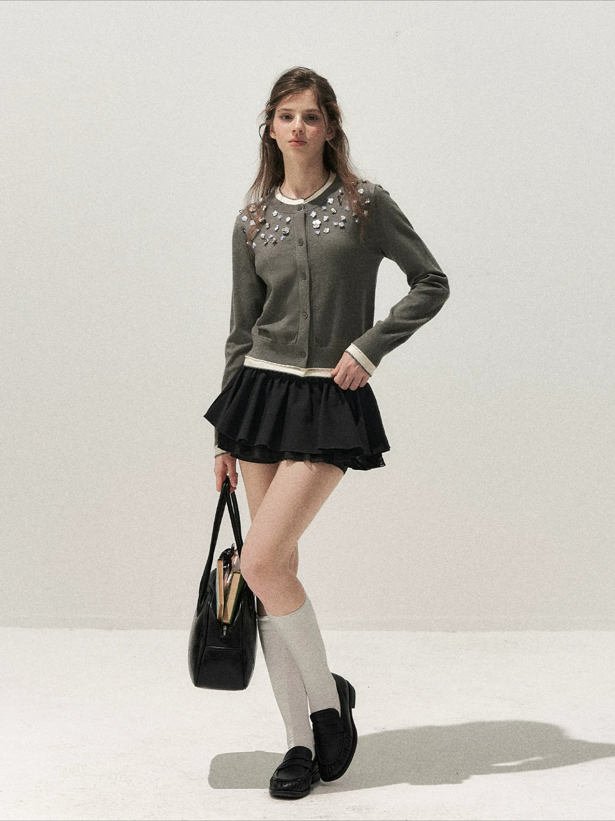 Beaded Contrast Knit Sweater