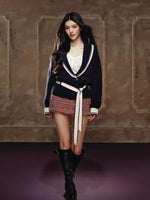 Color-Block Collared Tie-Waist Sweater