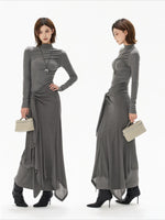 Gray Tie Detail High Neck Knit Dress