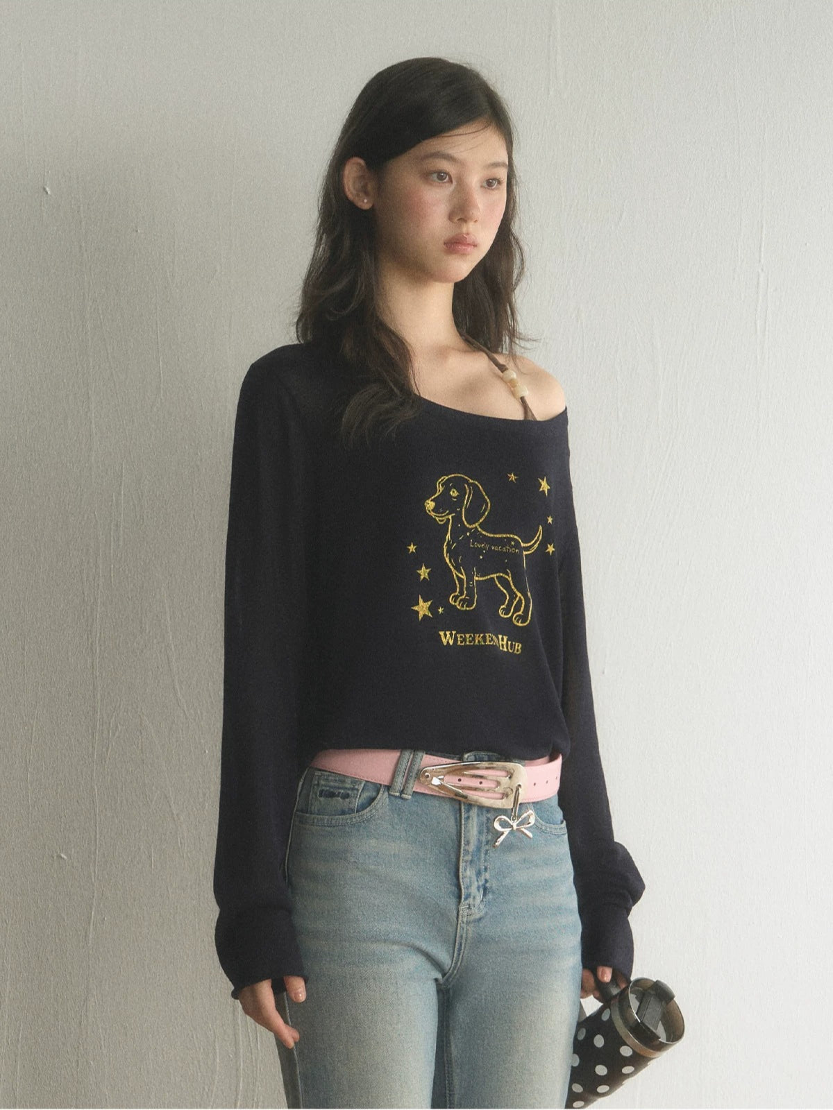 Dachshund Print Off Shoulder Top