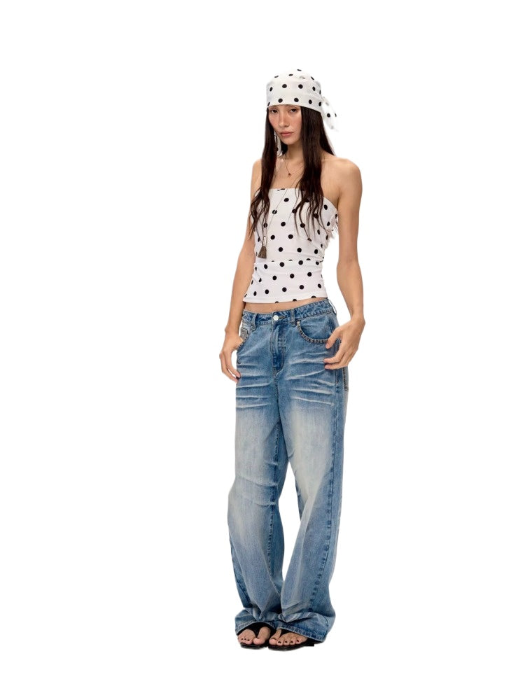 Washed Blue Drapey Wide-Leg Jeans