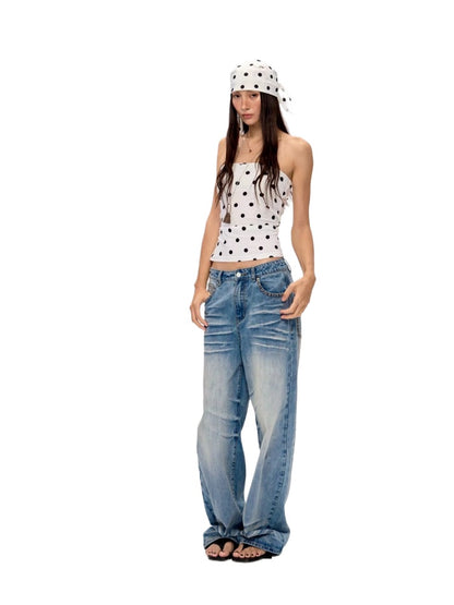 Washed Blue Drapey Wide-Leg Jeans