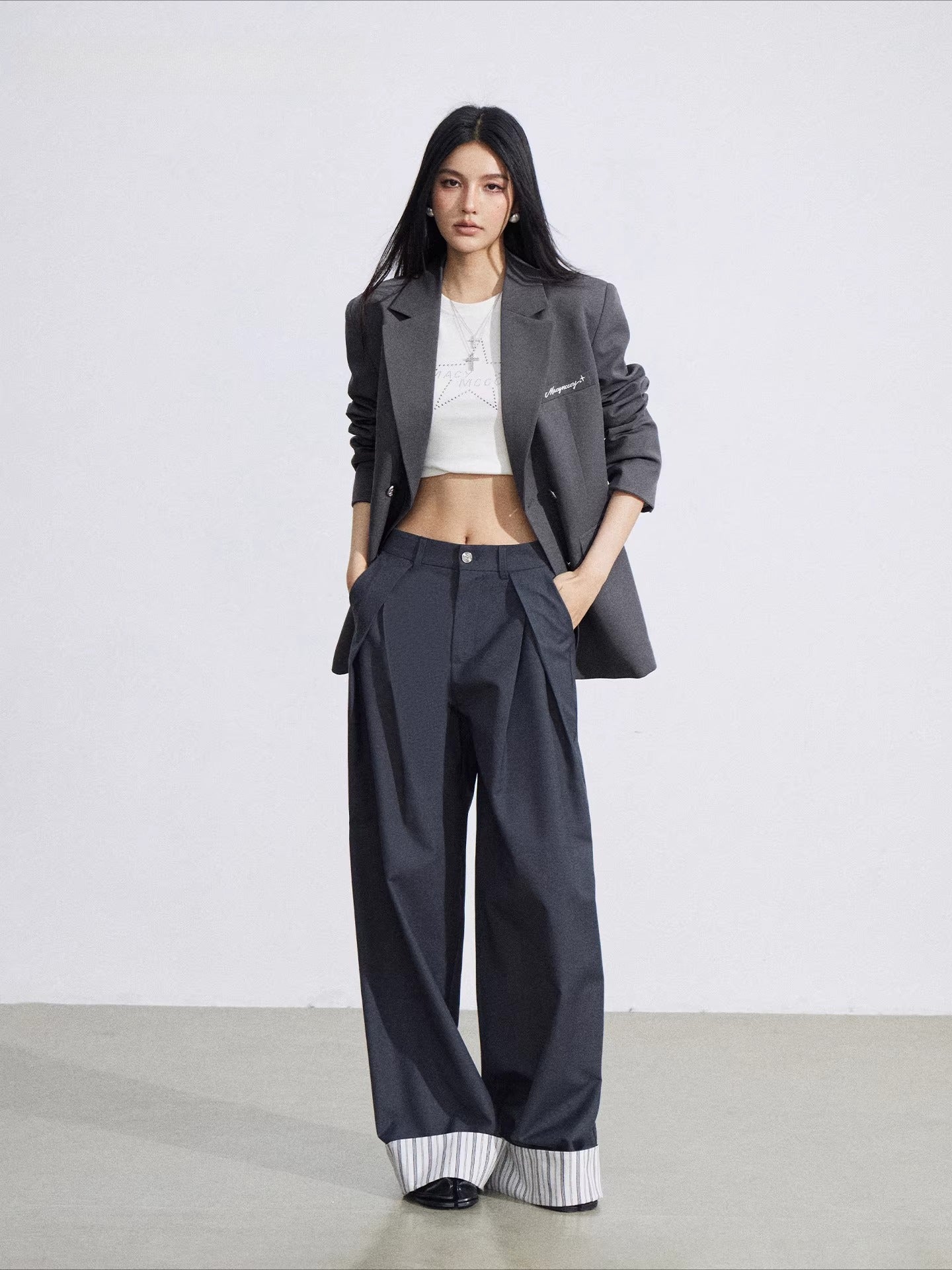 Gray Folded Hem Wide Pants