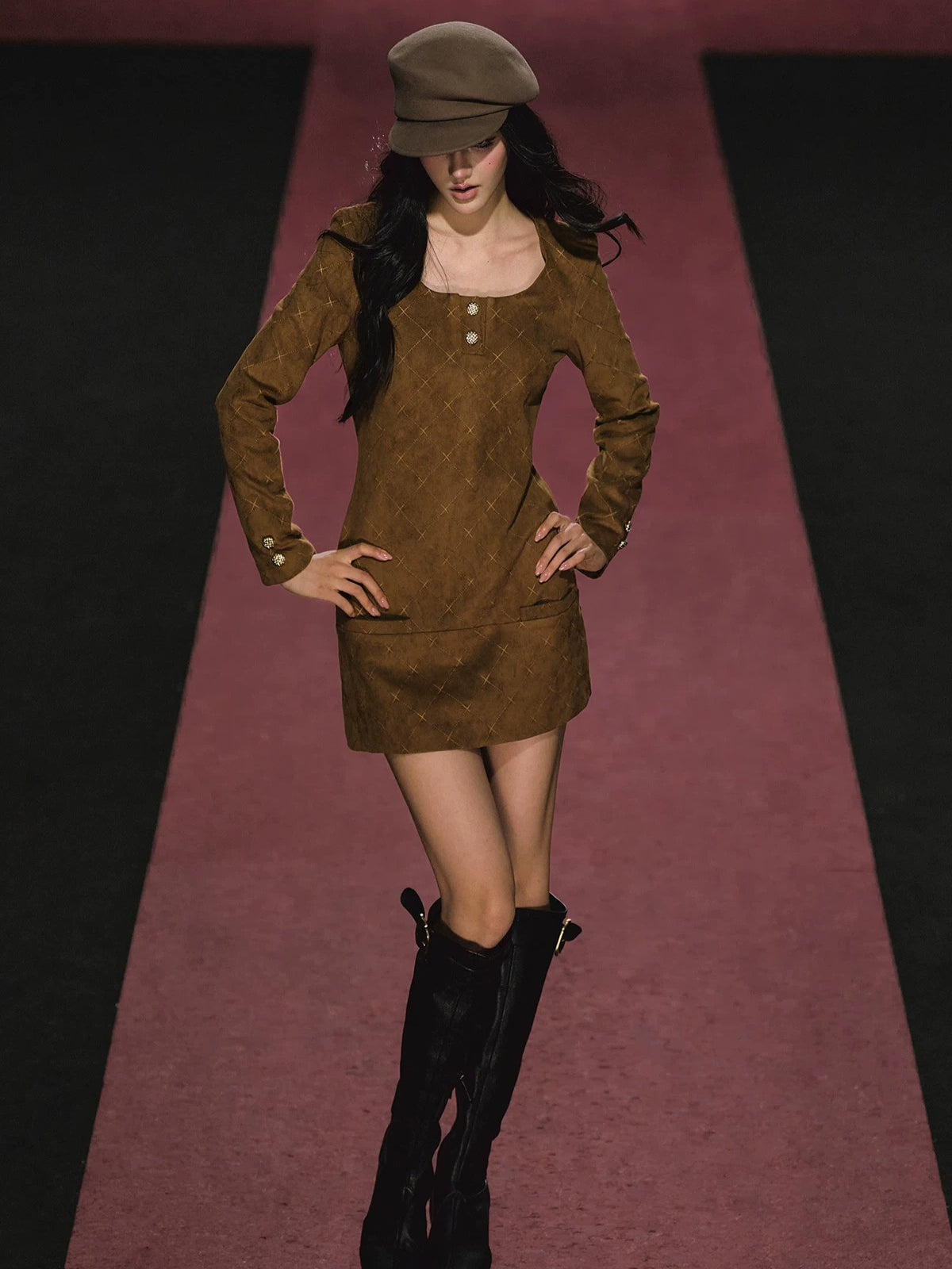 Suede Diamond Cinched Waist Dress
