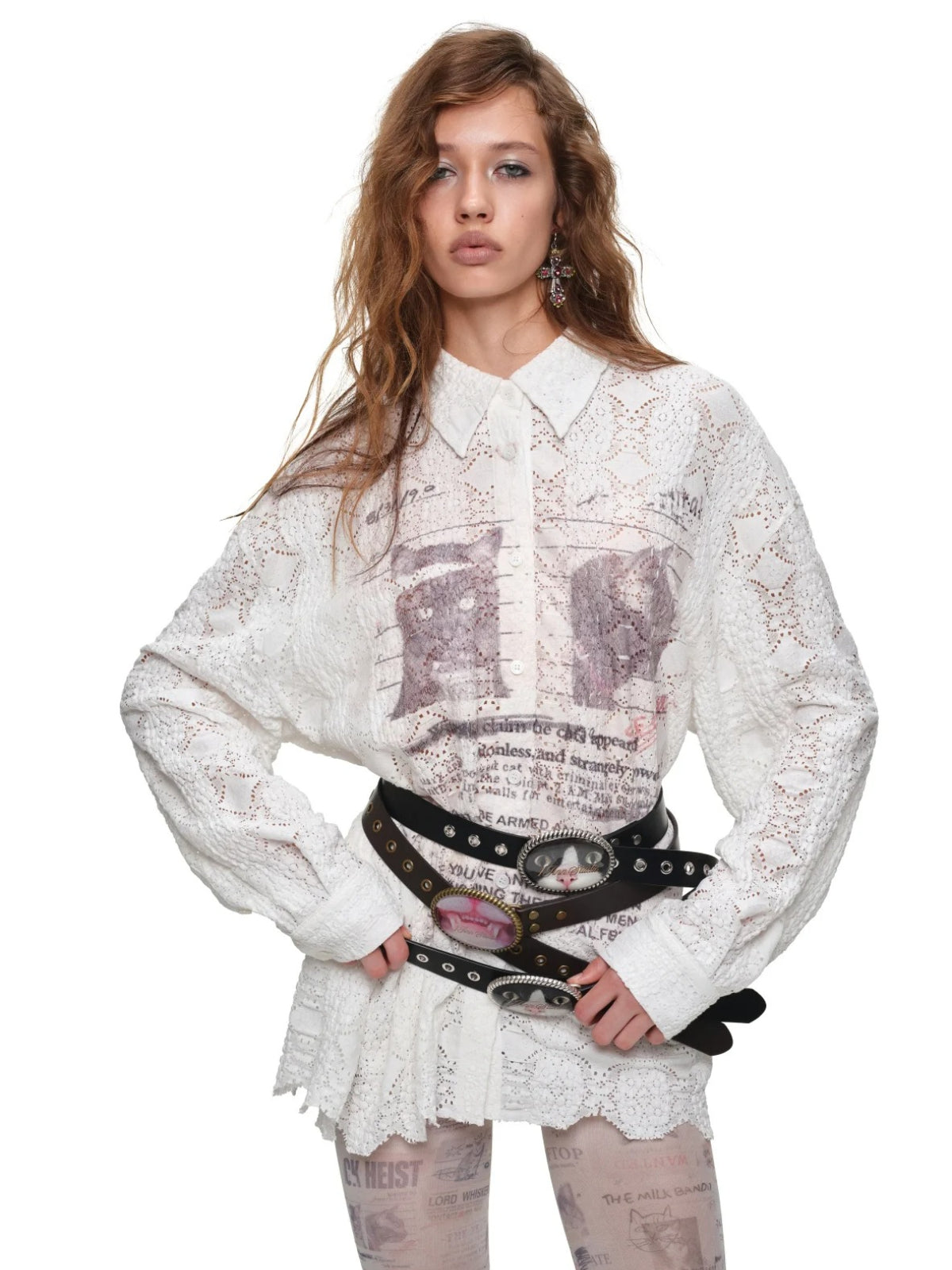 Cat Print Oversized Lace Shirt
