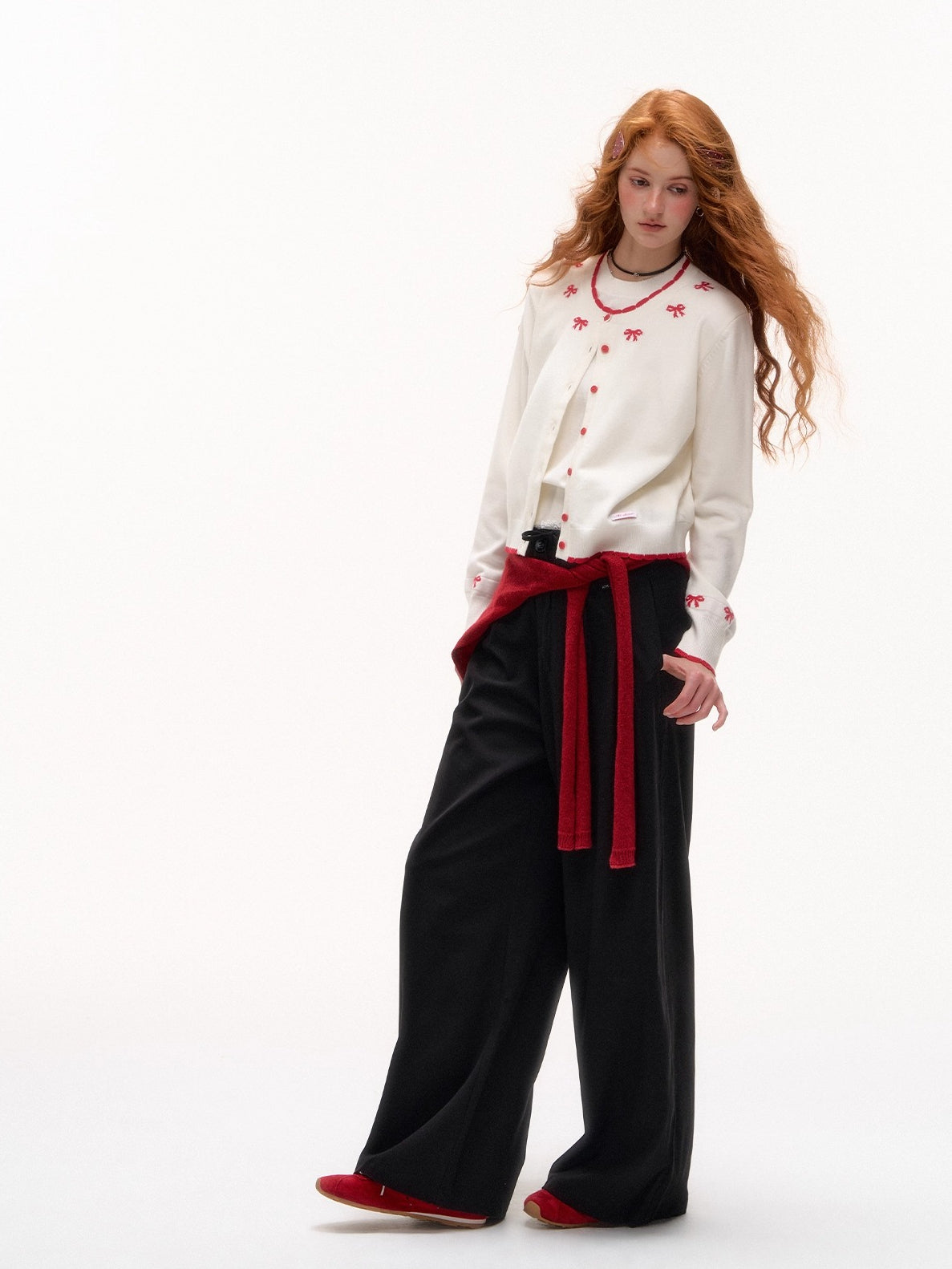 Bow Jacquard Contrast Knit Cardigan