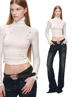 Rhinestone Lyocell Wool Turtleneck Top