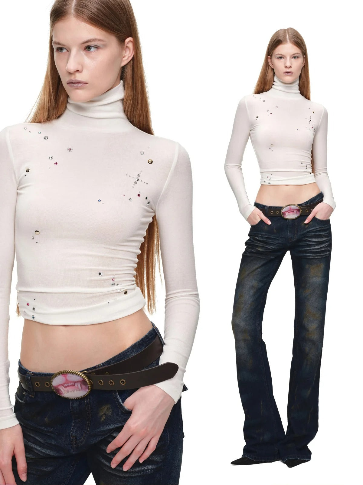 Rhinestone Lyocell Wool Turtleneck Top