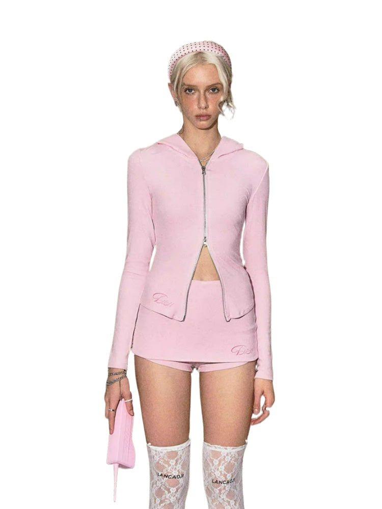 Pink Knit Hooded Cardigan &amp; Shorts Set