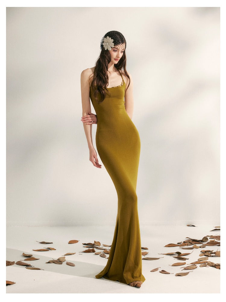 Beaded Halter Knit Fishtail Dress